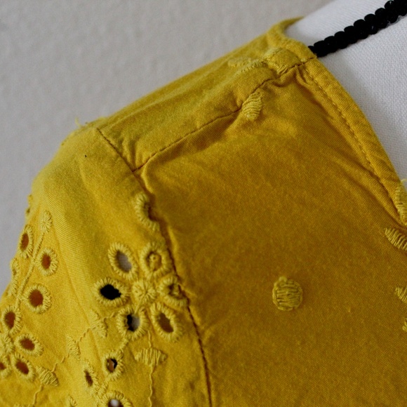 Mustard Yellow Eyelet Embroidery Scalloped Hem Top - Picture 6 of 9
